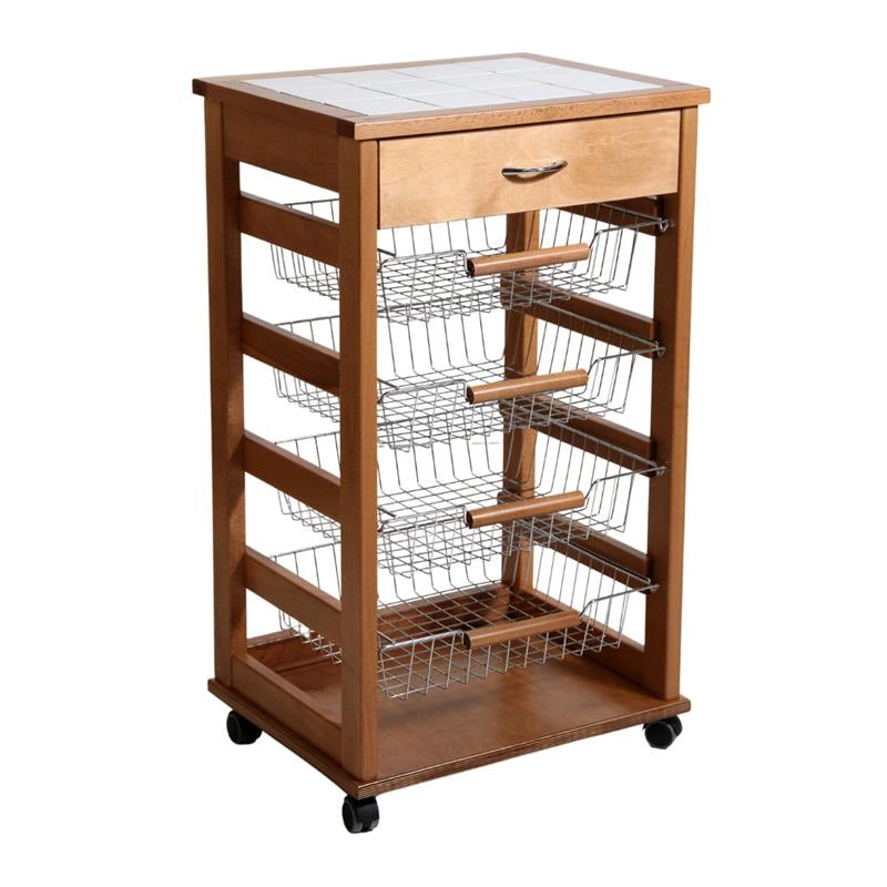 CARRELLO VESUVIO CON CASSETTO ROVERE IN FAGGIO BASE INFERIORE MULTISTRATO DI BETULLA 1 CASSETO 4 CESTELLI PIANO MATTONELLE IN CERAMICA
