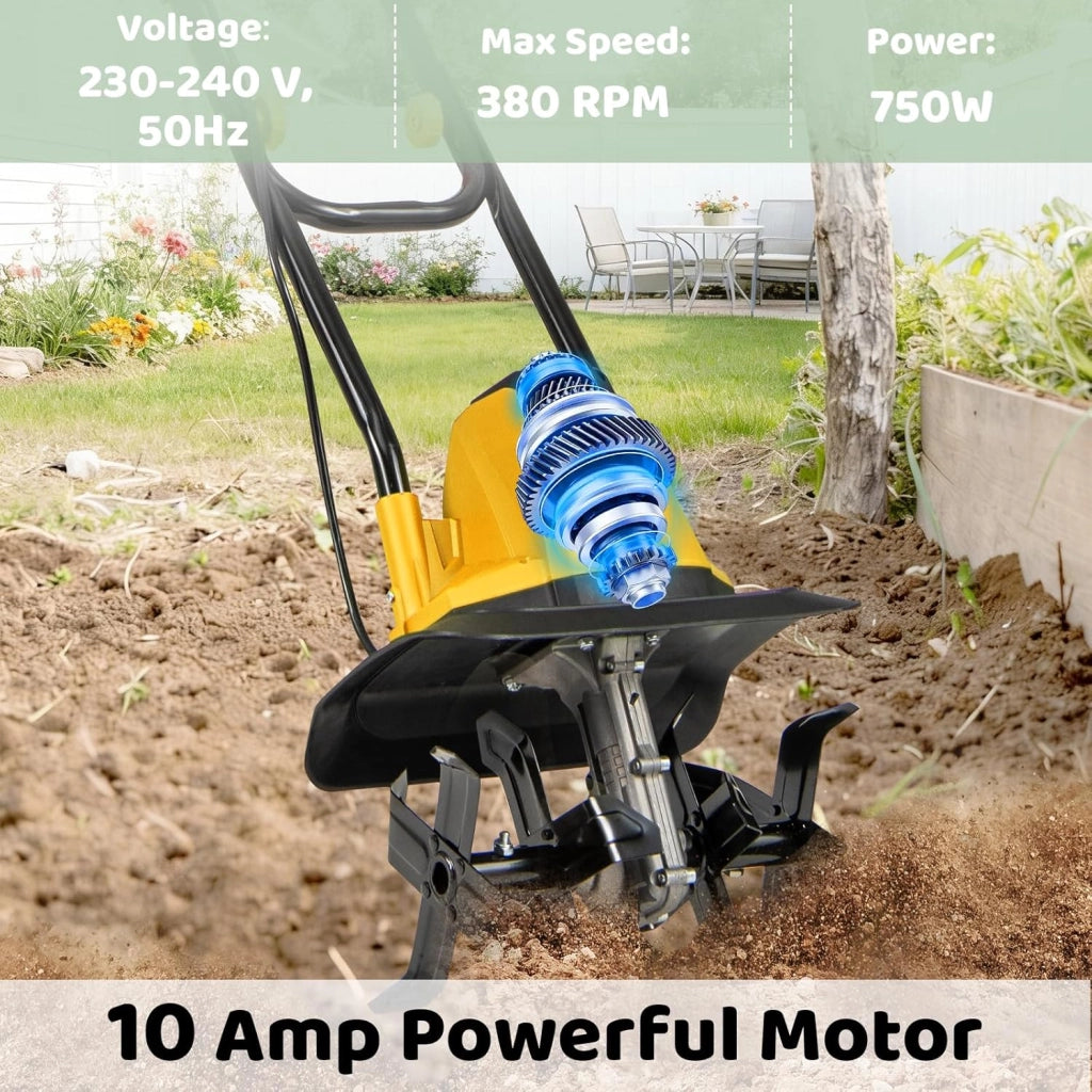 Motozappa Elettrica Pieghevole 750W, Larghezza di Lavoro 32 cm Profondità di Lavoro 22 cm, 4 Lame, Zappatrice Elettrica per Orto e Giardino (Giallo, 32 x 24 x 138 cm)