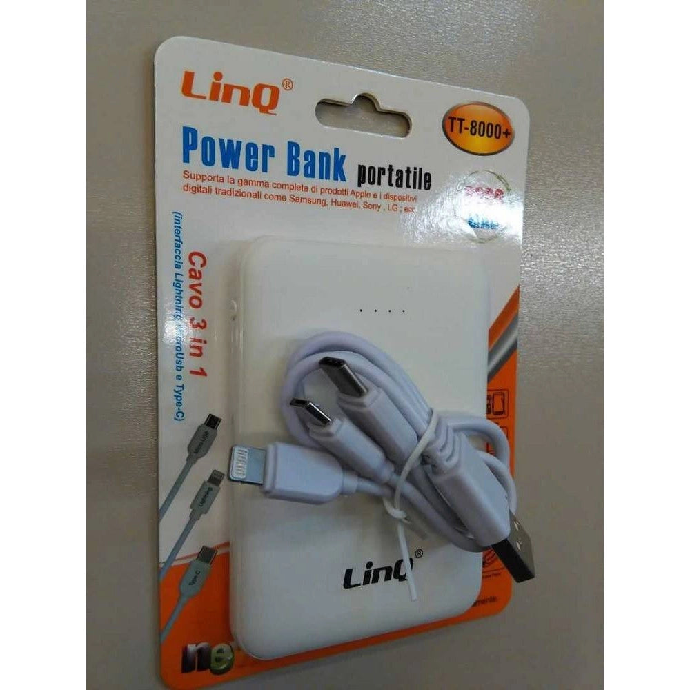 Trade Shop - Power Bank Sottile Batteria Supplementare 8000 Mah Doppia Usb Cavo 3in1 Tt-8000+ -