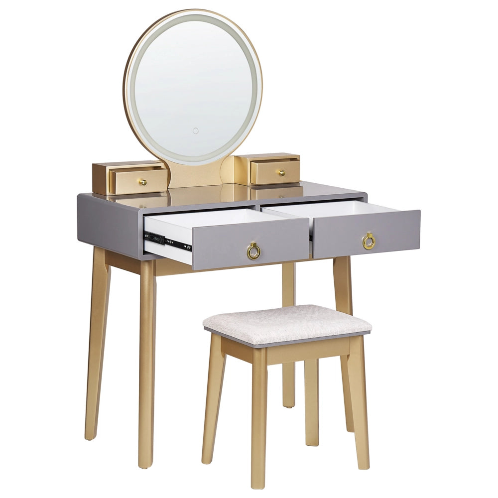 Toeletta in legno MDF e poliestere 4 cassetti grigia e dorata con sgabello e specchio LED camera da letto soggiorno