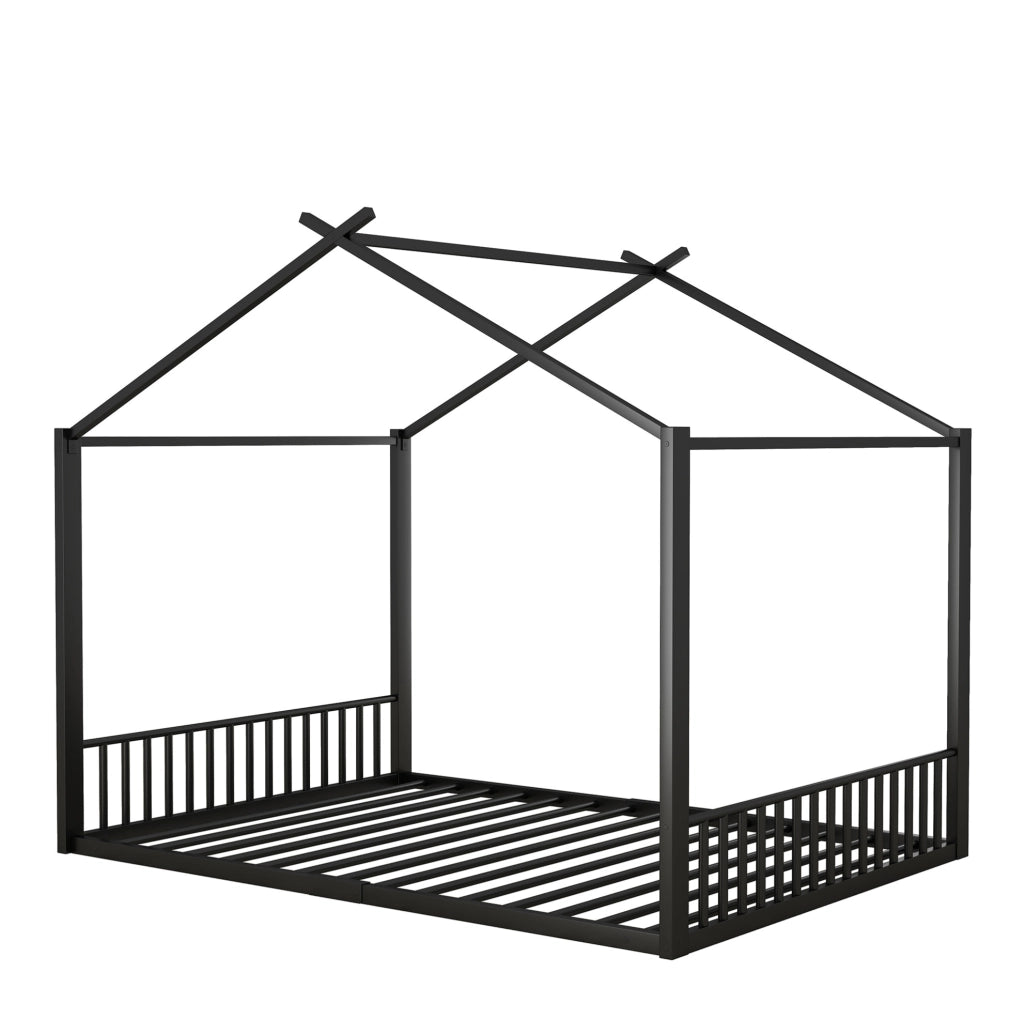 Letto bambino 140x200 cm a casetta; struttura robusta in metallo; nero