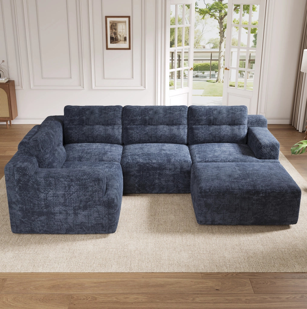 Divano modulare a U in ciniglia blu con poggiatesta e pouf; 252 × 180 × 82 cm