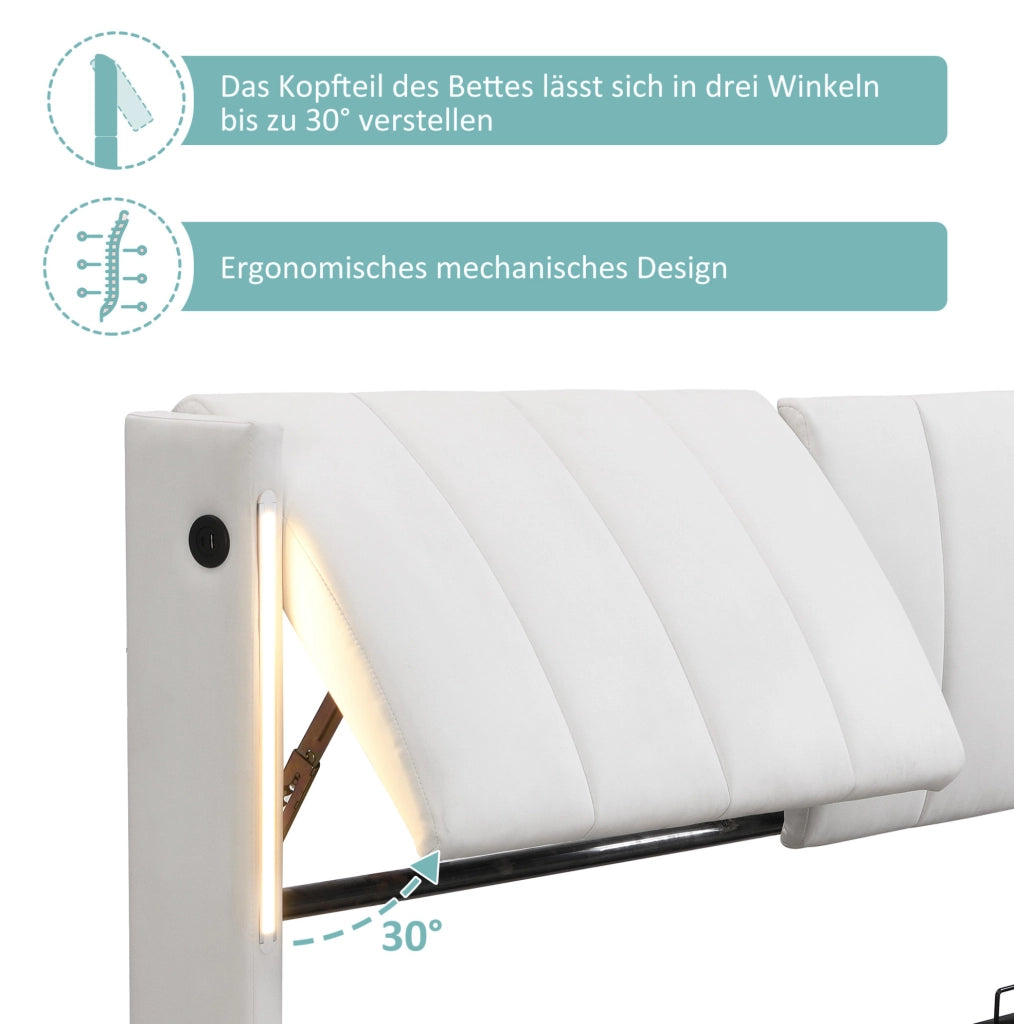 Letto 160x200 cm con LED, USB ricaricabile e vano contenitore