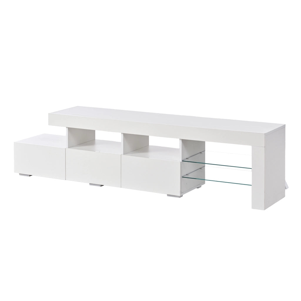 Mobile TV bianco lucido da 180 cm con LED, 3 cassetti, 7 vani e 2 ripiani in vetro