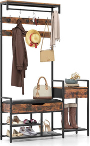 Appendiabiti da Terra 178 cm, Stand Appendiabiti da Ingresso con Scaffale per Scarpe 12 Ganci Cassetti e Panchina, Stendibiancheria per Ingresso Soggiorno Camera da Letto