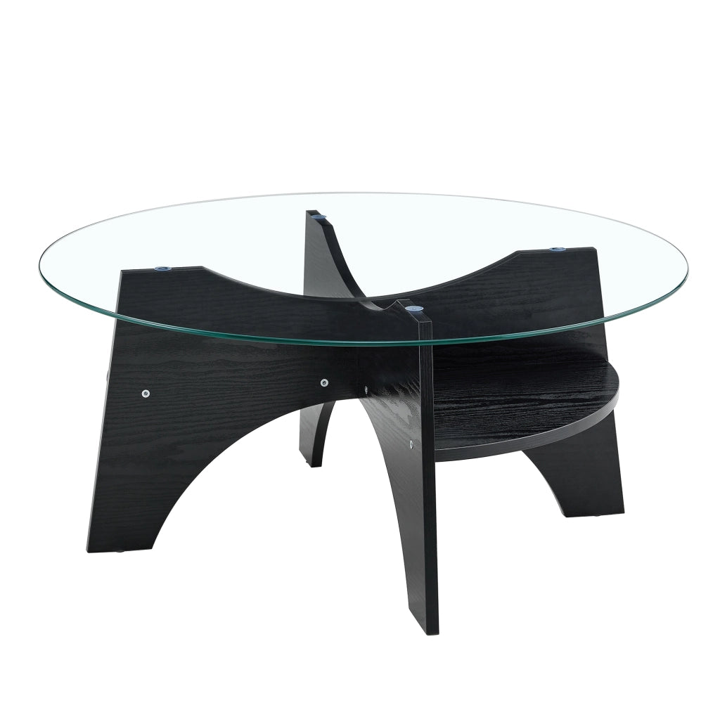 Tavolino rotondo in vetro temperato con base a ventaglio in MDF, Ø 80 cm
