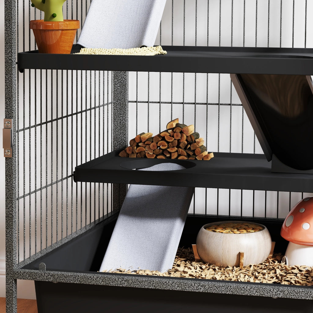 Gabbia per Piccoli Animali a 4 Livelli 52x52x115 cm con Rampe Amaca e Ruote Grigio