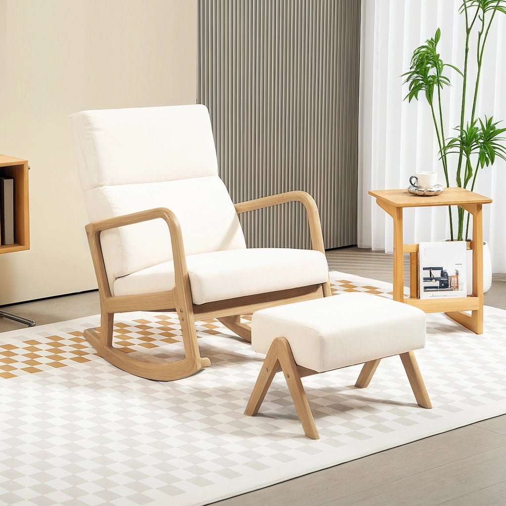 Poltrona Dondolo con Pouf ¨C Zephmum ¨C Tessuto Boucl¨¦, Legno, Cremewei?