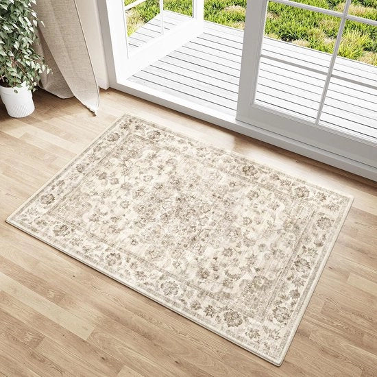 Tappeto di ingresso vintage beige in tessuto waschabile 60x90cm per soggiorno, bagno e camera da letto con superficie antiscivolo e design retro.
