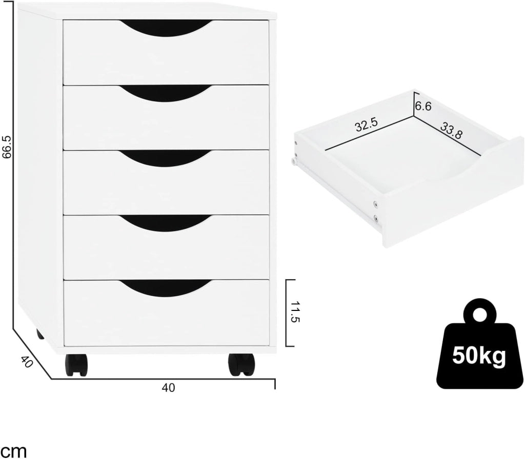 Scrivania a Piedistallo con 5 Cassetti, Schedario Rotante, Comodino, Mobile per Ufficio, Camera da Letto, in Legno Ingegnerizzato PB, Bianco, 40x40x66,5cm, ASK14ws
