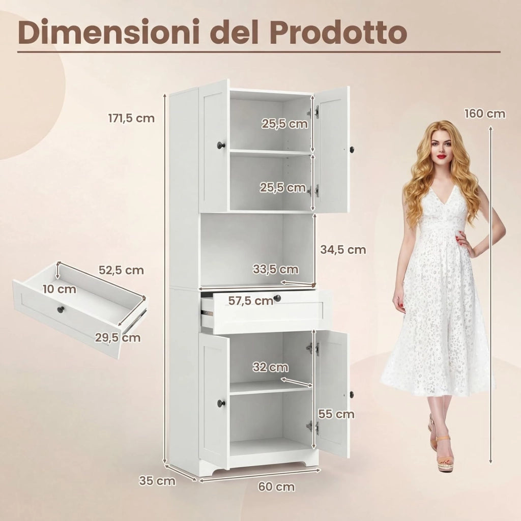 Mobile da Bagno Salvaspazio, Mobile da Terra con 4 Ante, 1 Cassetto, Vano Aperto e Ripiani Regolabili, Credenza Dispensa Cucina in Lgeno per Soggiorno e Ingresso, 60 x 35 x 171,5 cm (Bianco)
