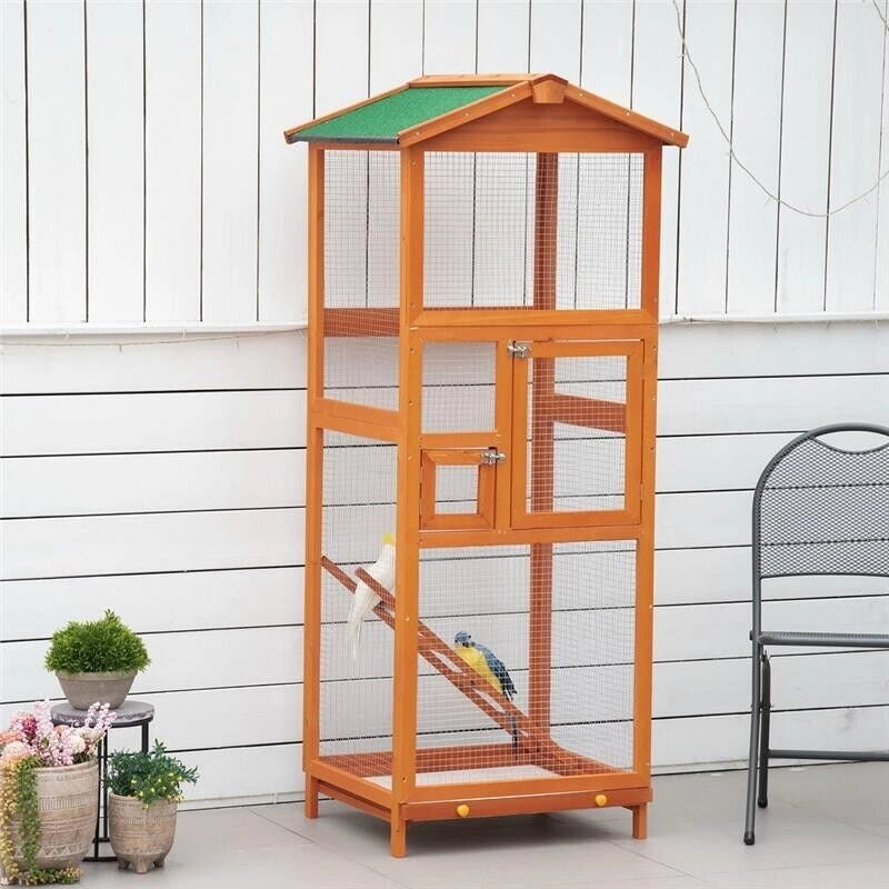 GABBIA PER UCCELLI ALTA 165CM IN LEGNO DA ESTERNO CON 2 PORTE E VASSOIO ESTRAIBILE, ARANCIONE
