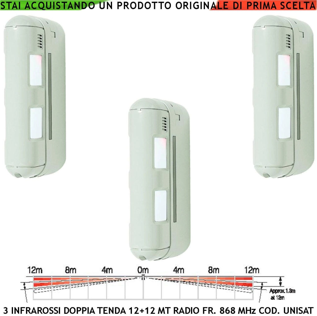 Sensore Doppio Infrarosso a Tenda da Esterno 3 Pezzi Rileva Movimento 12+12 Metri Lineari IP55 Ricetrasmissione Frequenza 868 MHz Codice UNISAT Protezione Ponteggi Impalcature Pareti Porticati