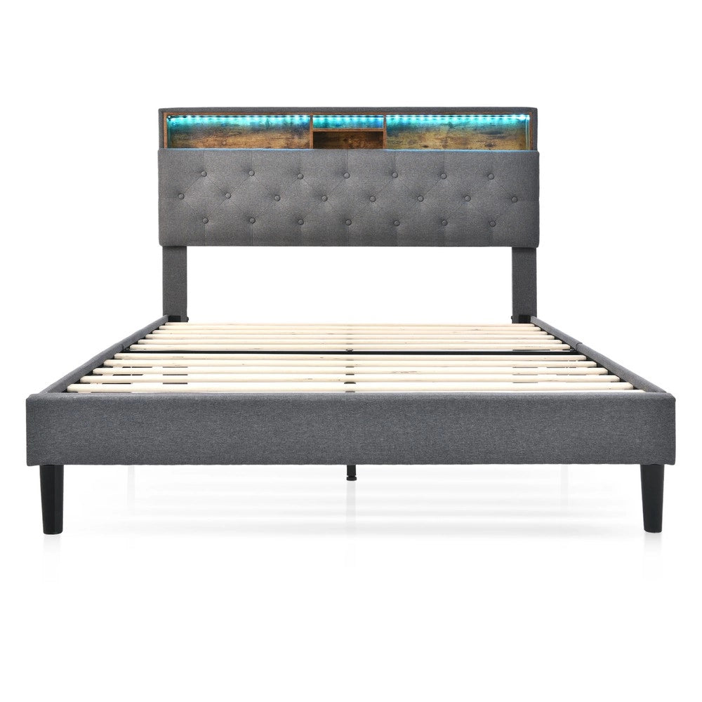Letto Contenitore Imbottito con LED ¨C MINIMAL ¨C Grigio, 140x200, con materasso