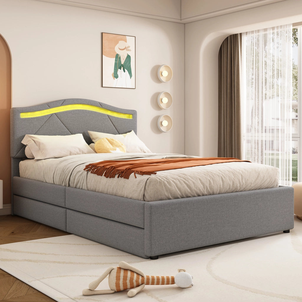 Letto imbottito 90x200 cm con LED; cassetti e testiera regolabile in lino grigio