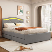 Letto imbottito 90x200 cm con LED; cassetti e testiera regolabile in lino grigio