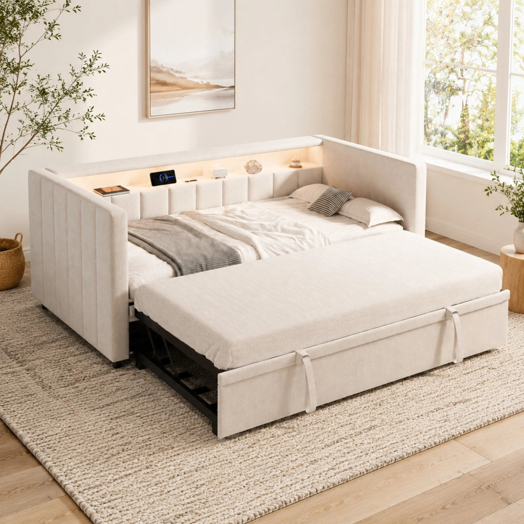 Divano letto estraibile in velluto beige 90x190 cm con LED; USB Type-C e contenitore