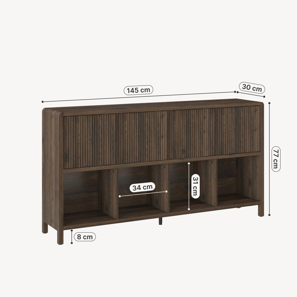 Credenza Bassa Lukkodso con 4 Ante e Scomparti Aperti 77x145x30 cm Effetto Noce [en.casa]
