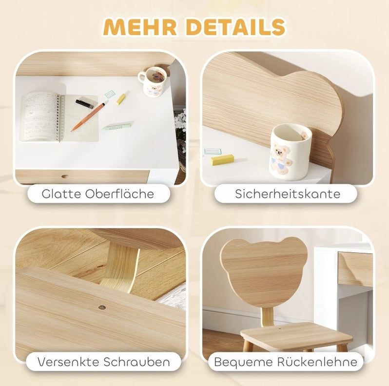 Set scrivania e sedia per bambini in legno naturale con cassetto
