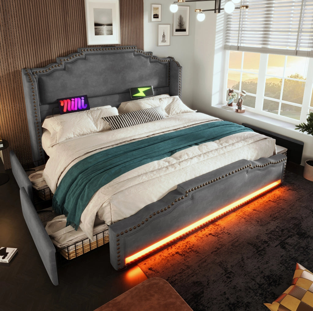 Letto matrimoniale 180x200 con 4 cassetti, LED e porte USB-C