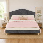 DESMIU Letto matrimoniale 160 × 200 cm con testiera geometrica, in tessuto, senza materasso, grigio
