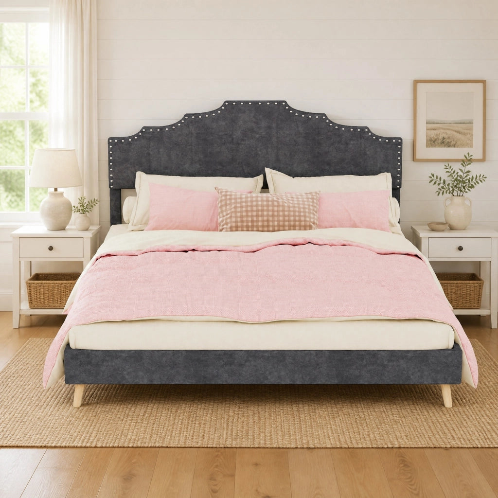 DESMIU Letto matrimoniale 160 × 200 cm con testiera geometrica, in tessuto, senza materasso, grigio