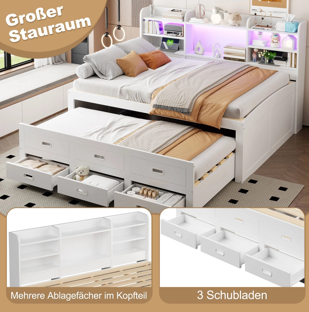 Letto estraibile 140x200 cm con LED, cassetti e USB-C