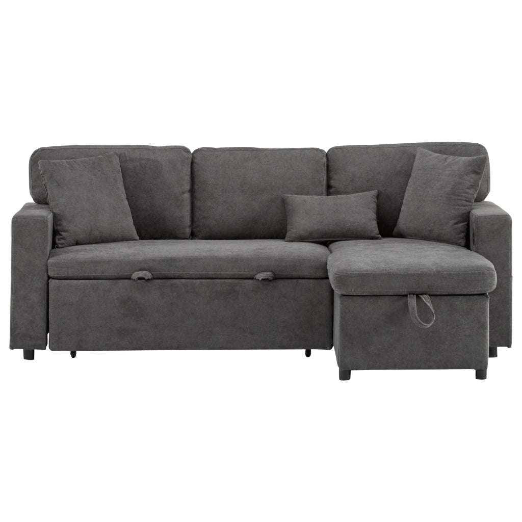 Divano letto angolare 3 posti con contenitore; USB e 3 cuscini; 214 x 131 x 87 cm; grigio scuro