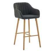 Sgabello da bar con schienale alto e braccioli; seduta in lino e gambe in legno di gomma; per cucina e isola; nero; 58.5 × 55 × 104 cm