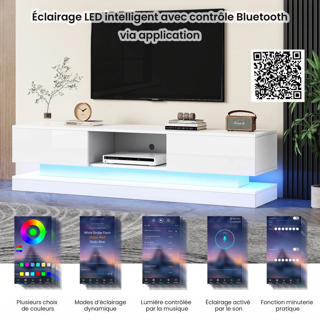 Mobile TV con 2 Cassetti e LED Controllati da App; Bianco Lucido; Soggiorno; 160¡Á35¡Á40;5 cm; in Truciolare