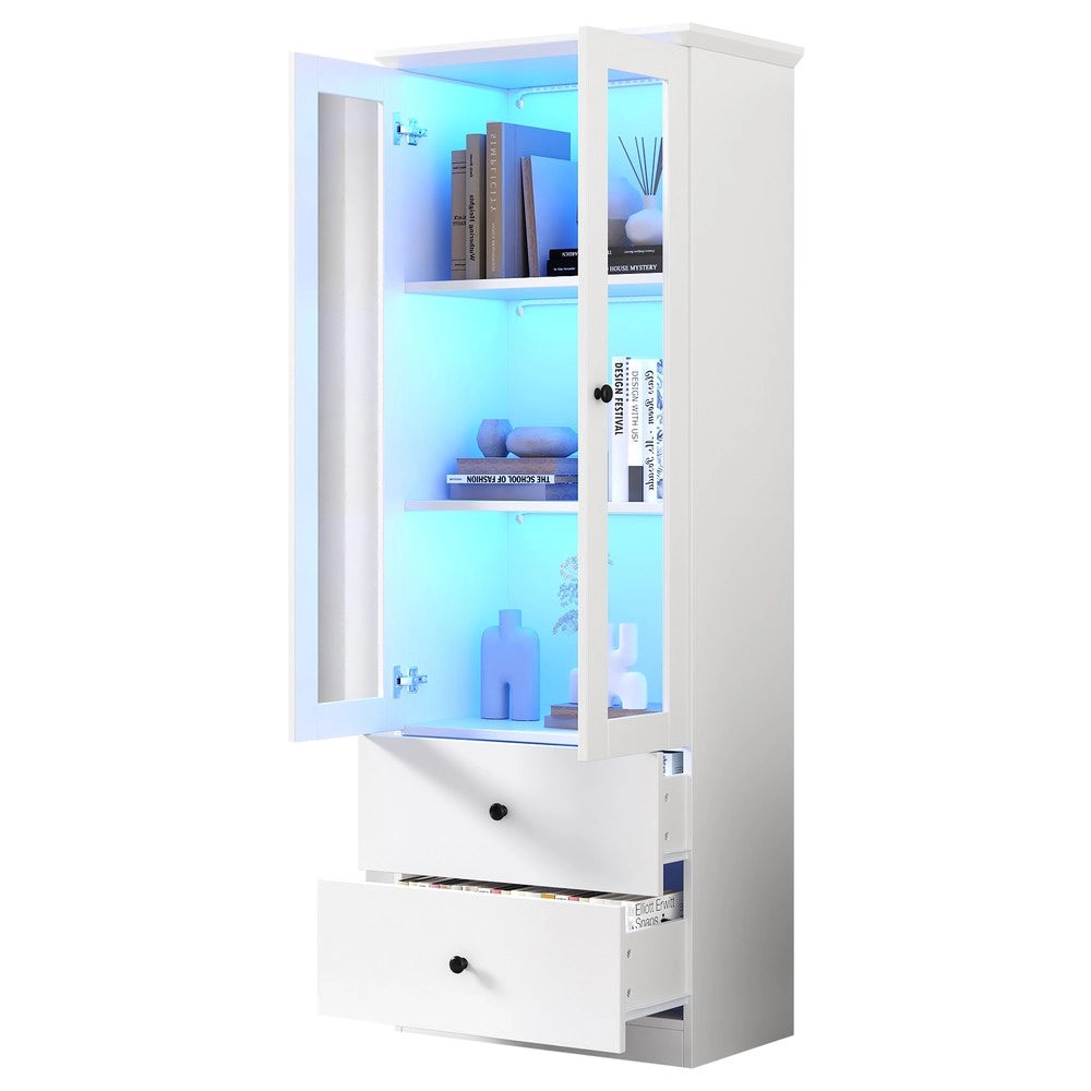 Vetrina LED con Ante ¨C MINIMAL ¨C Bianca, MDF, Ripiani Regolabili, 2 Cassetti, USB