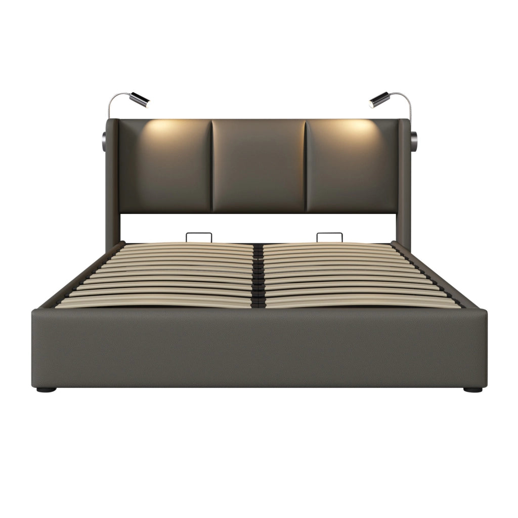 Letto imbottito 140x200 con contenitore; luce da lettura e USB; PU grigio