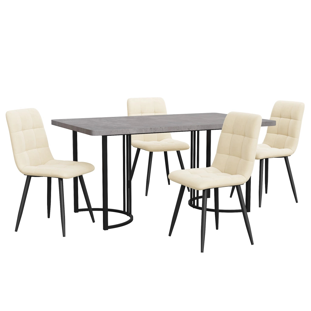 Tavolo da pranzo per 4 persone con 4 sedie in velluto, piano in MDF effetto marmo, gambe in metallo, grigio 140 × 80 cm