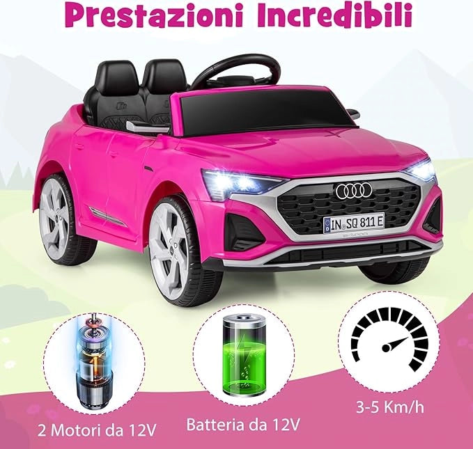 12V Audi Auto Elettrica per Bambini, Veicolo Elettrico con Telecomando Clacson Luci LED Musica, 3 Velocità 3-5 Km/h, Avvio Morbido, Auto per Bambini 3 Anni+ (Rosa)