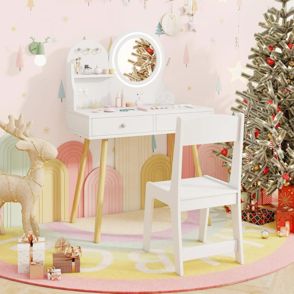 Set da trucco per bambini con specchio illuminato-Set da Tavolino e sedia da principessa con ripiano aperto Bianco