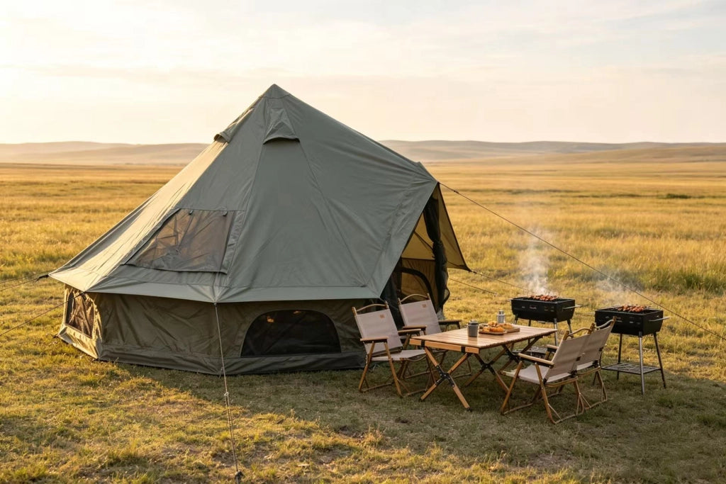 Tenda A Campana Per Campeggio 300 X 300 X 200 Cm In Poliestere Verde Scuro Con Apertura Per Stufa