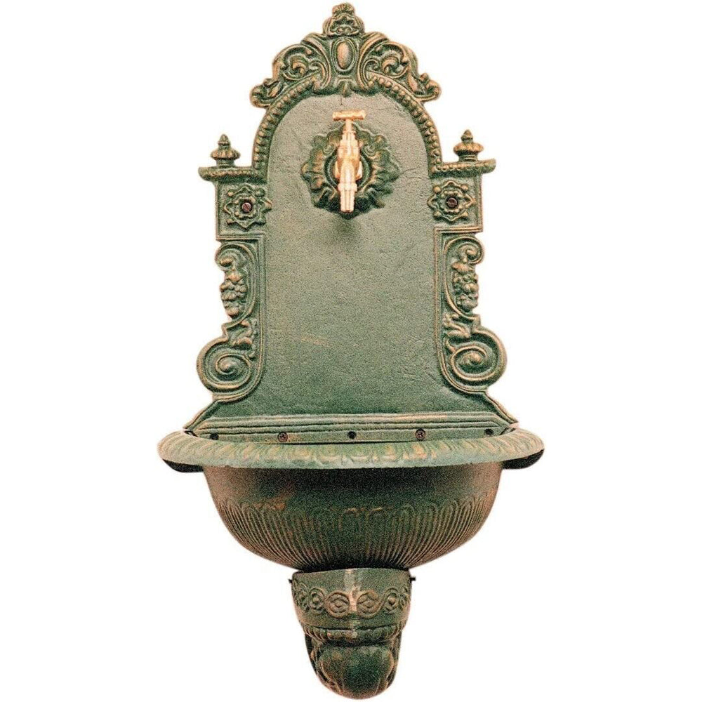 FONTANA DA GIARDINO IN GHISA A PARETE PANTHEON RUBINETTO OTTONE 3/4" VERDE
