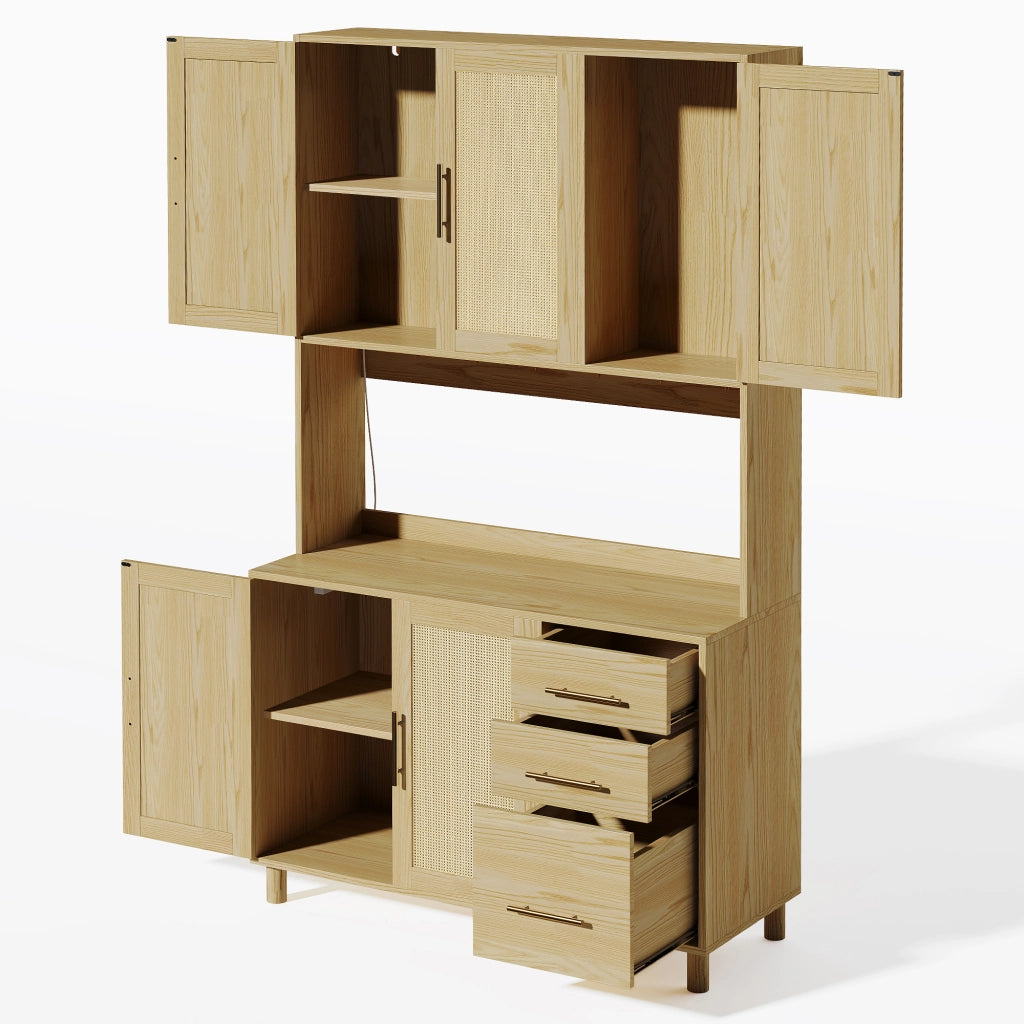 Credenza cucina 183 cm con LED APP, prese USB e schuko, 3 cassetti, ripiani regolabili, finitura naturale