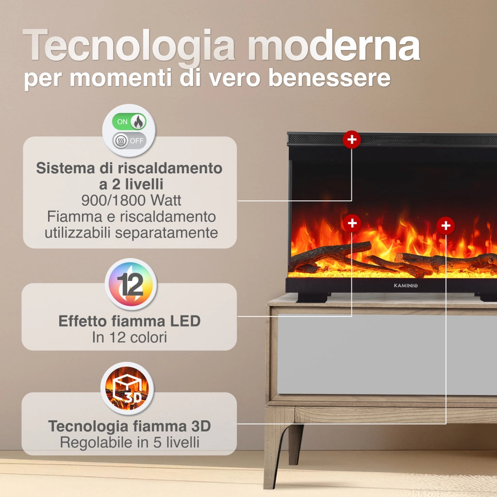 KAMINIO Camino elettrico LEA - Camino 3 in 1 con vista panoramica, riscaldamento, effetto fiamma, 12 colori delle fiamme, telecomando - 24 pollici