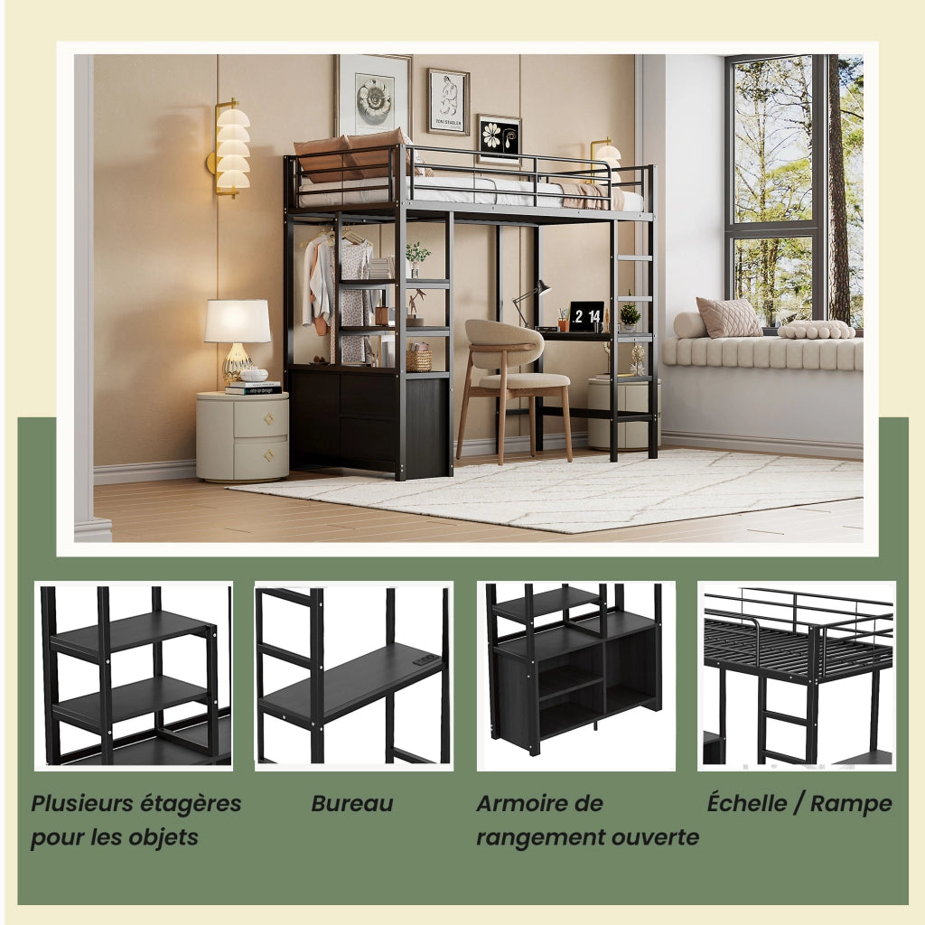 Letto a soppalco singolo 90×200 cm con scrivania; prese USB; ripiani e scala; senza materasso; metallo; nero