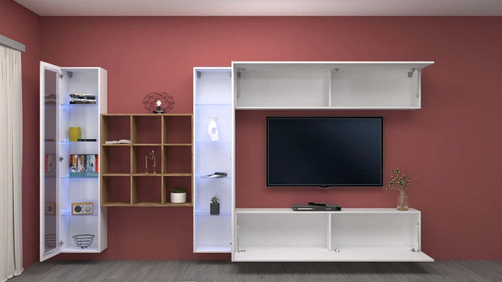 Parete attrezzata TV pensile bianco 2 vetrine libreria 9 ripiani Eron WH