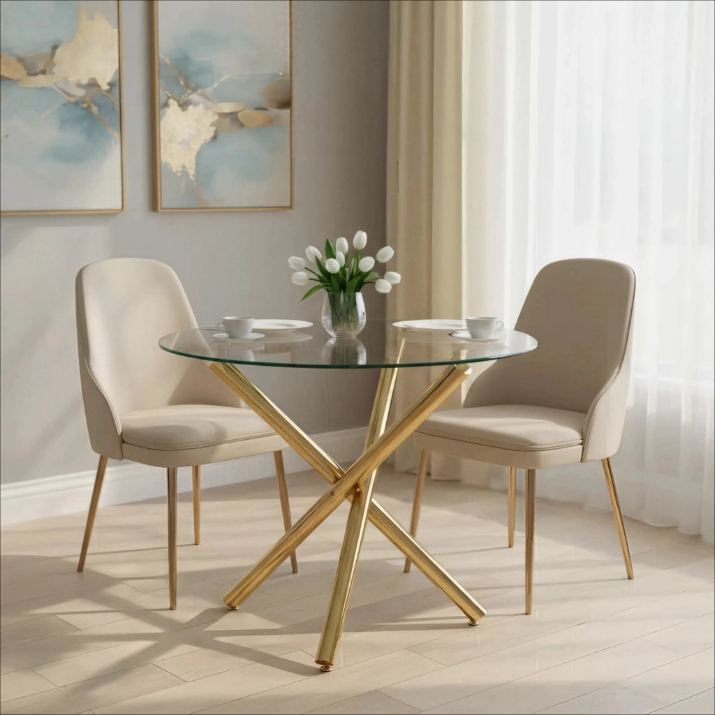 TAVOLO rotondo 80x80x76 cm in vetro temperato e metallo oro