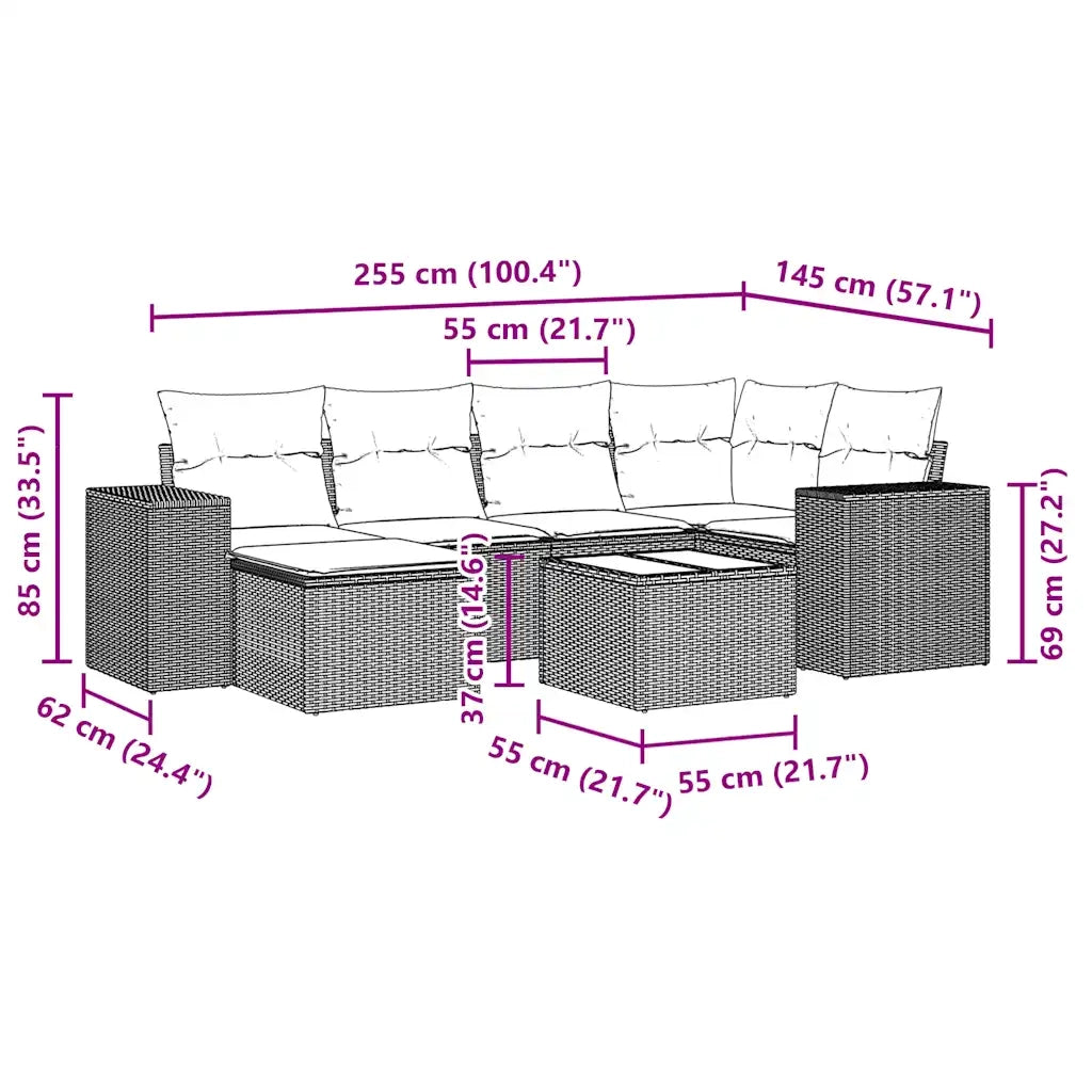 Set Divani da Giardino 7pz con Cuscini Grigio Chiaro Polyrattan