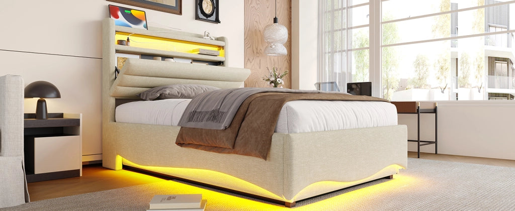 DESMIU Lit coffre 90 × 200 cm 1 posto con LED, USB e Type-C, contenitore idraulico, senza materasso, in lino beige