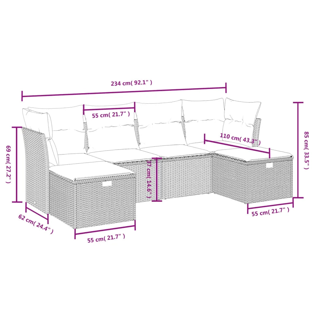 Set Divano da Giardino 6 pz con Cuscini Nero in Polyrattan 3263231