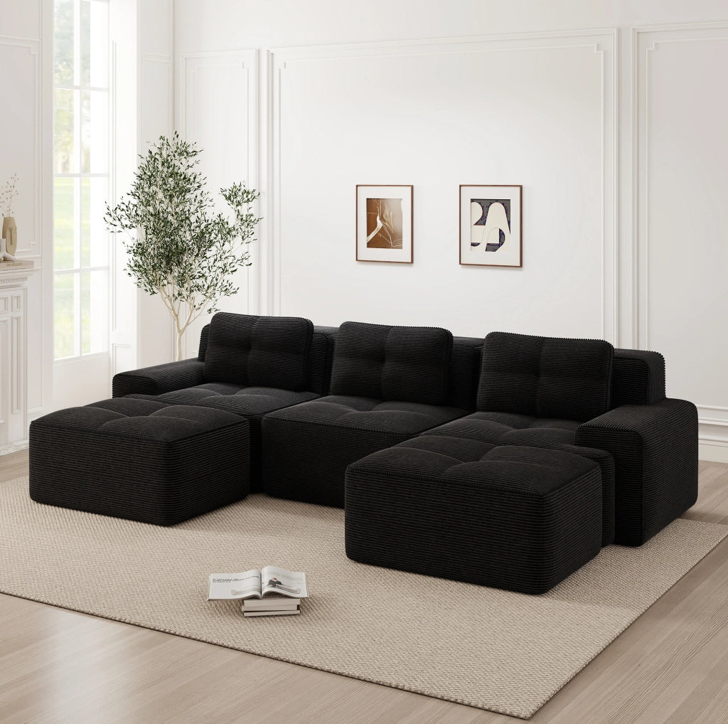 Divano modulare a U 293x177 cm in velluto a coste nero HOMVRA