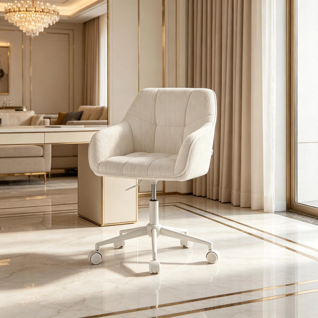 Sedia da ufficio ergonomica girevole con altezza regolabile braccioli integrati e ruote in velluto a coste beige