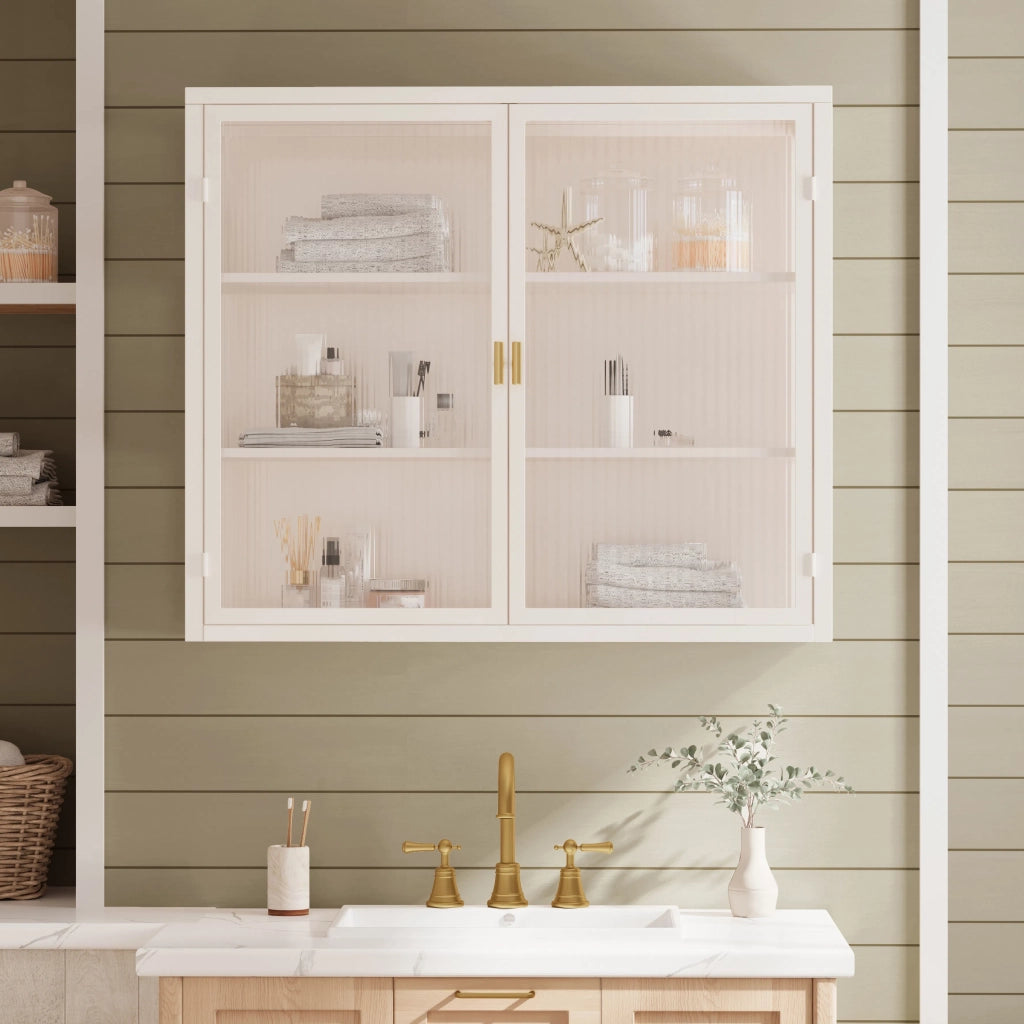 Armadio a muro moderno 70 cm, 2 ante in vetro trasparente bianco, con ripiani a 3 livelli per ingresso, soggiorno, bagno e sala da pranzo
