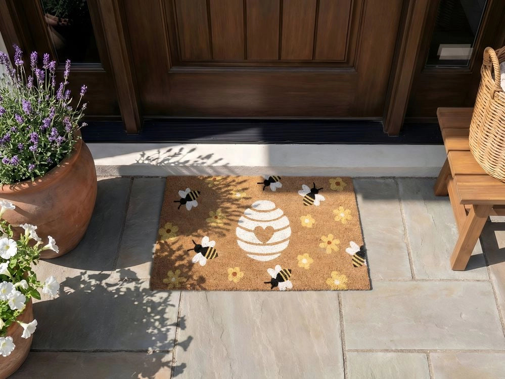Zerbino in fibra di cocco naturale con fondo antiscivolo in PVC 40 x 60 cm Decorazione con motivo api e fiori