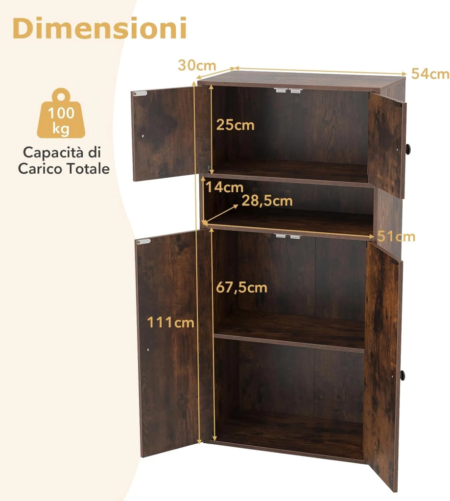 Libreria con 4 Ante, Armadio Alto a 4 Ripiani con Mensola Regolabile e 2 Kit Anti-Ribaltamento, Organizzatore per Casa Ufficio, 54 x 30 x 111 cm (Marrone)